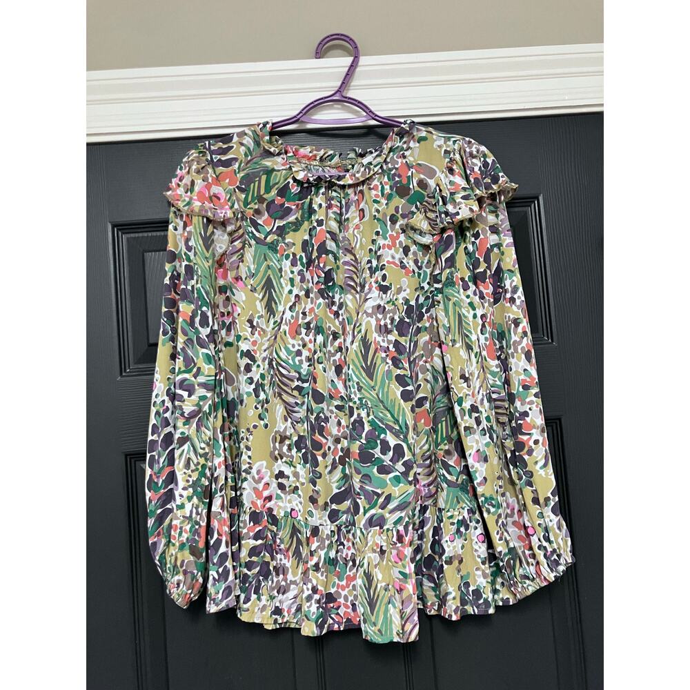 Jodifl Medium Women's Top Floral Multicolor Long Sleeve Ruffle Jungle Tropical‎